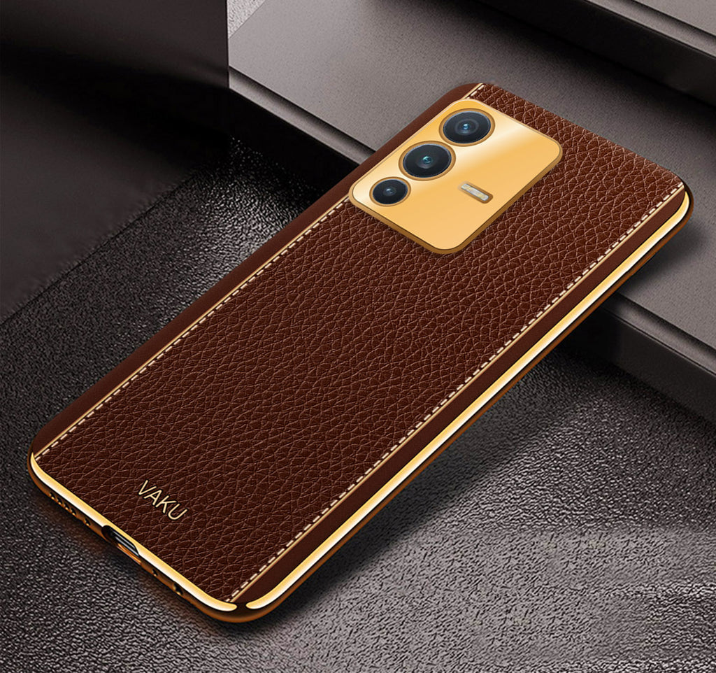 Vaku® Vivo V23 5G Luxemberg Series Leather Stitched Gold Electroplated Soft TPU Back Cover