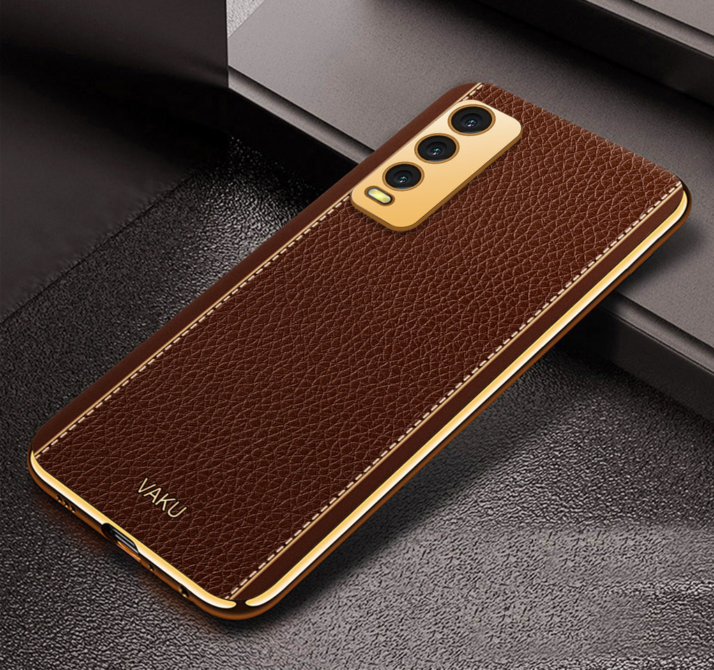 Vaku® Vivo Y20 Luxemberg Series Leather Stitched Gold Electroplated Soft TPU Back Cover