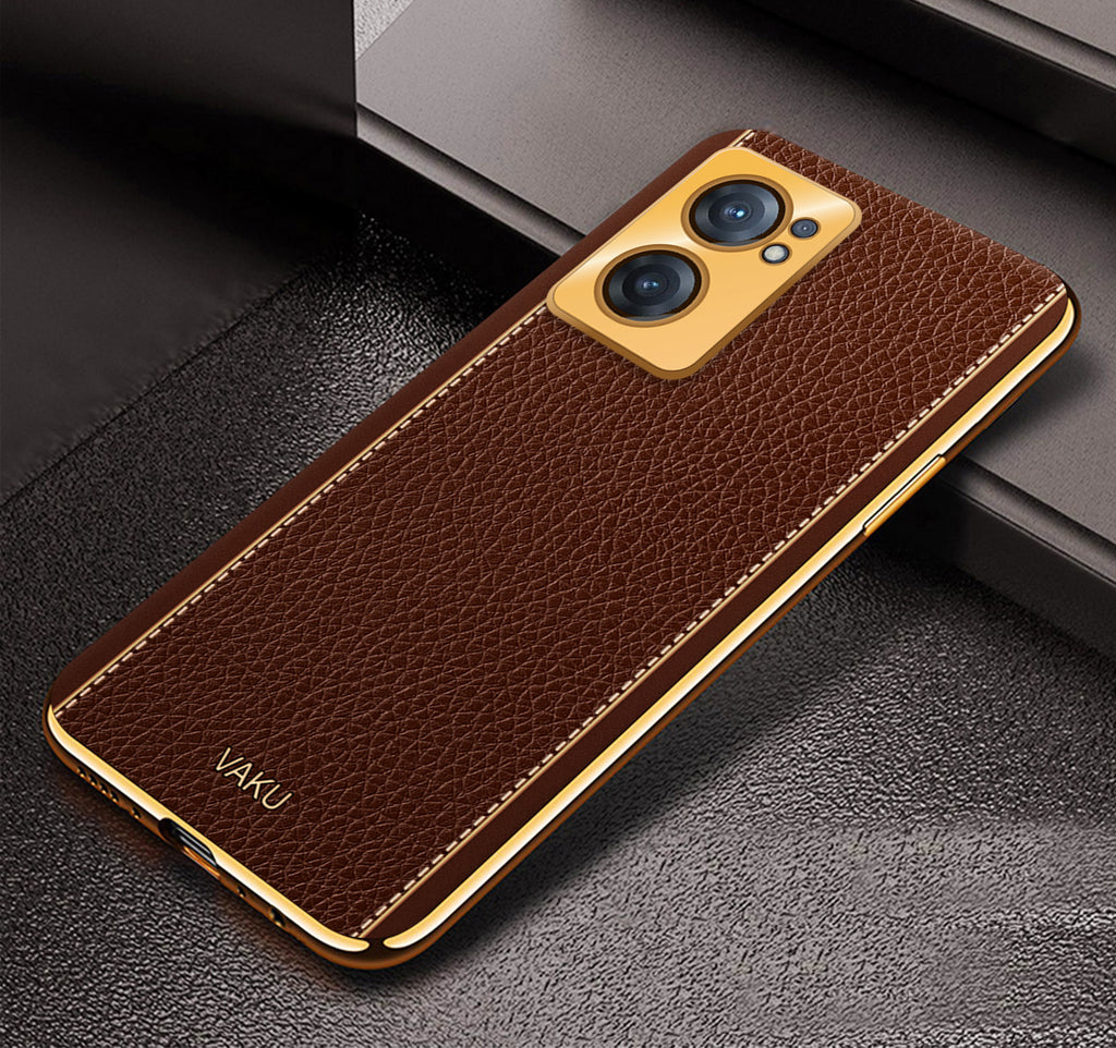 Vaku® Oneplus Nord CE 2 5G Luxemberg Series Leather Stitched Gold Electroplated Soft TPU Back Cover
