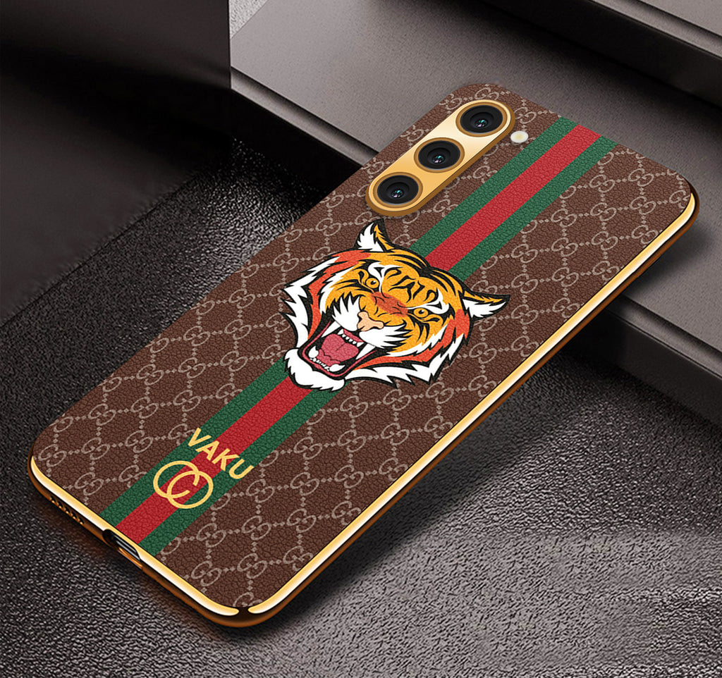 Vaku ® Samsung Galaxy S22 Plus Lynx Leather Stitched Gold Electroplated Soft TPU Back Cover Case
