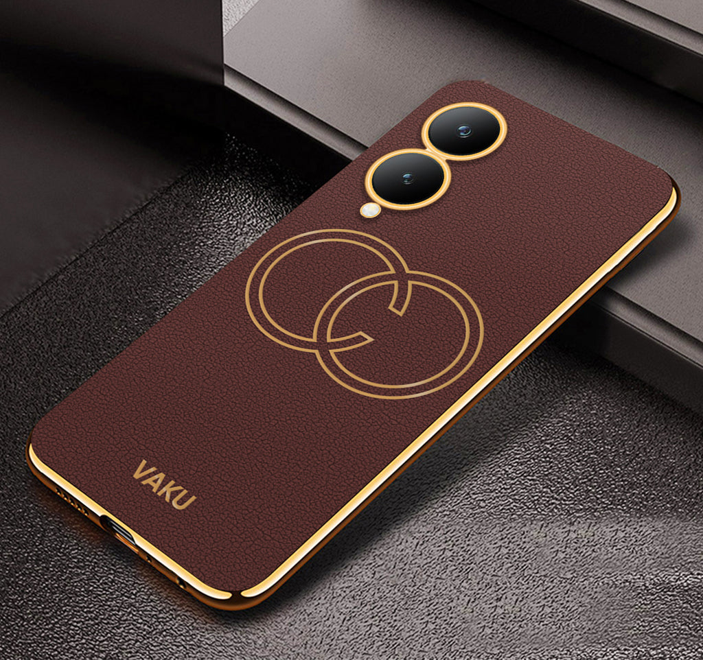 Vaku ® Vivo Y17s Skylar Leather Pattern Gold Electroplated Soft TPU Back Cover