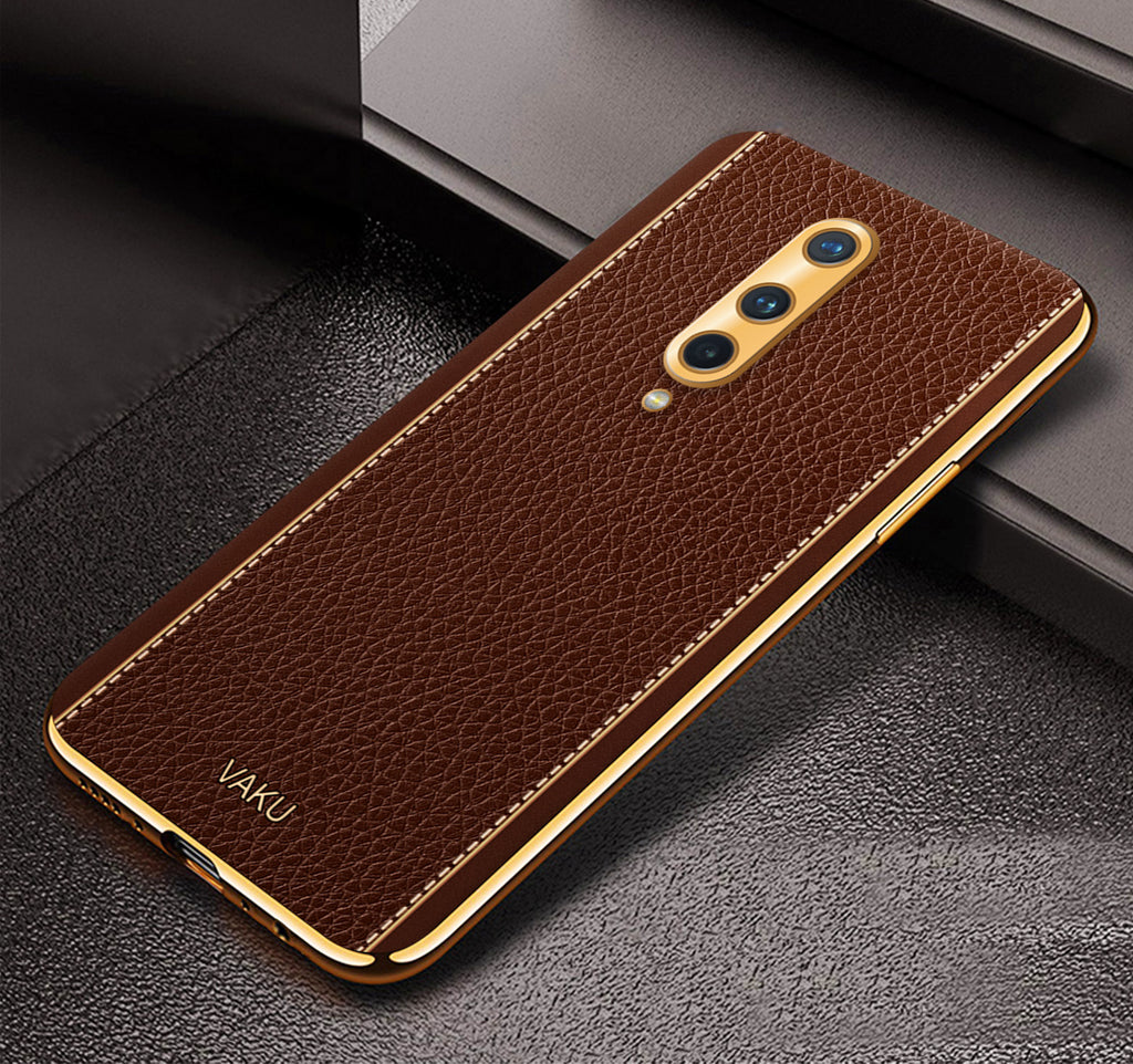 Vaku® OnePlus 8 Luxemberg Series Leather Stitched Gold Electroplated Soft TPU Back Cover