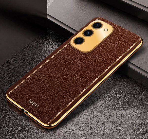 Vaku® Samsung Galaxy S23 Luxemberg Series Leather Stitched Gold Electroplated Soft TPU Back Cover