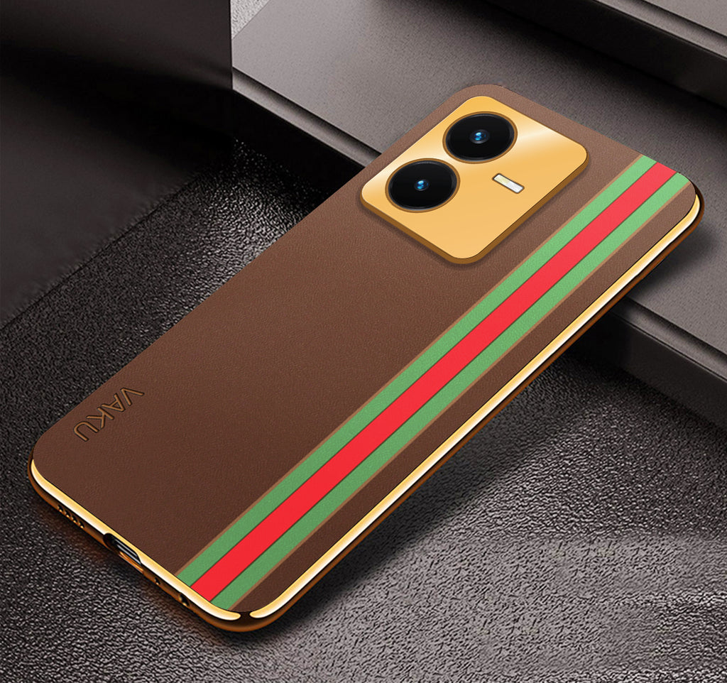 Vaku ® Vivo Y22 Felix Line Leather Stitched Gold Electroplated Soft TPU Back Cover Case