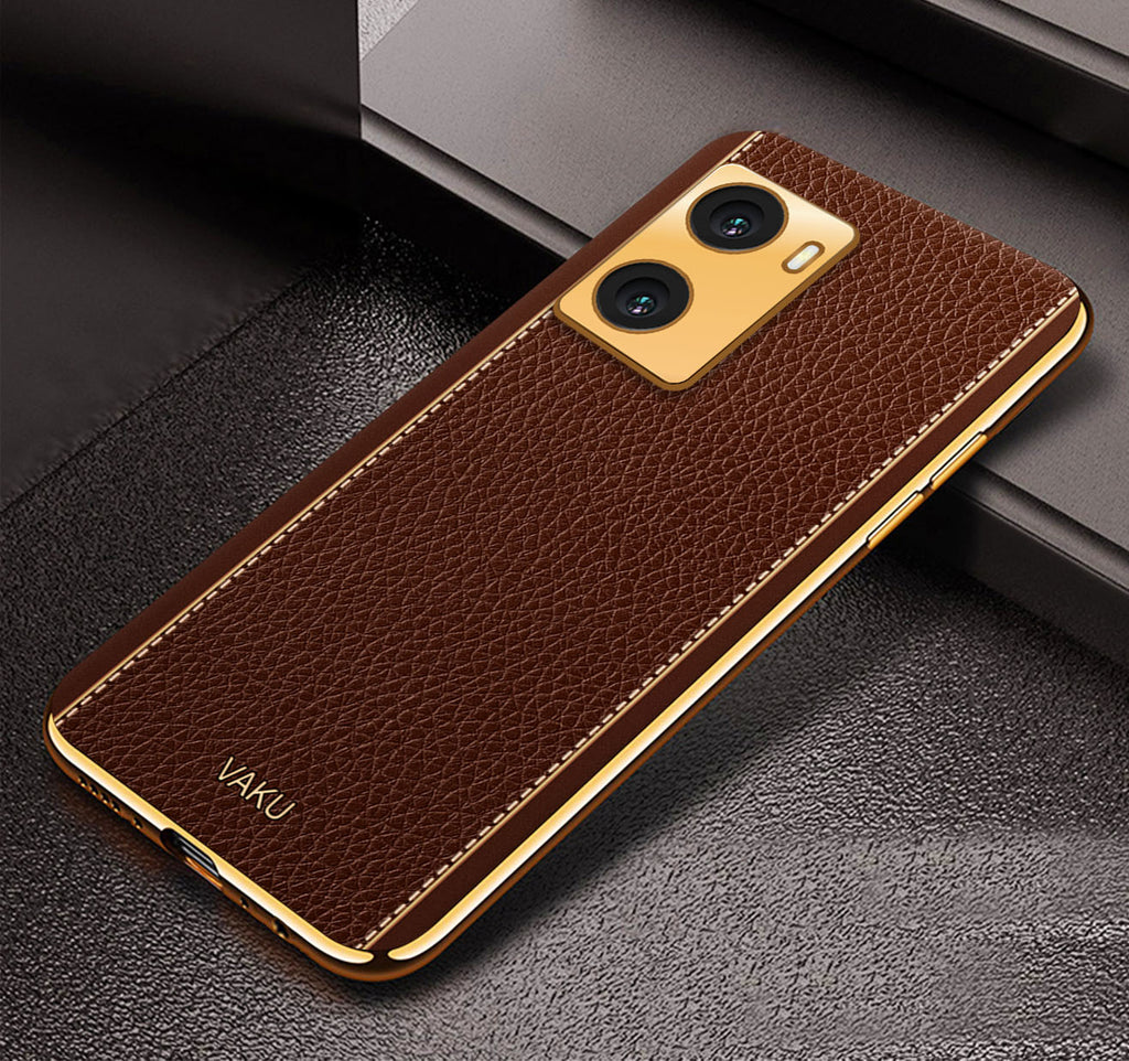 Vaku® Oppo A77 4G Luxemberg Series Leather Stitched Gold Electroplated Soft TPU Back Cover