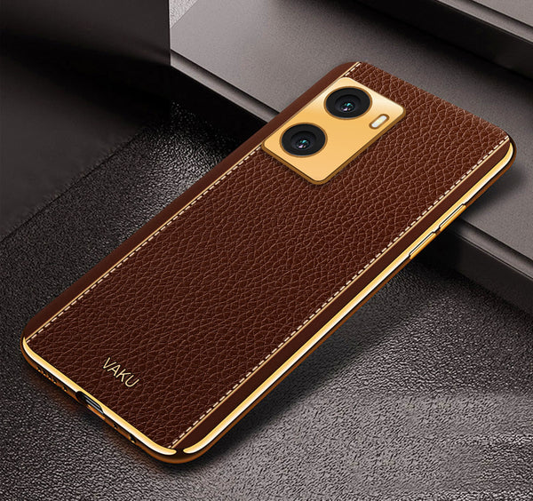 Vaku® Oppo A77 4G Luxemberg Series Leather Stitched Gold Electroplated Soft TPU Back Cover