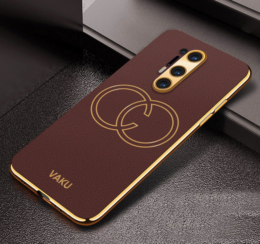 Vaku ® OnePlus 8 Pro Skylar Series Leather Stitched Gold Electroplated Soft TPU Back Cover