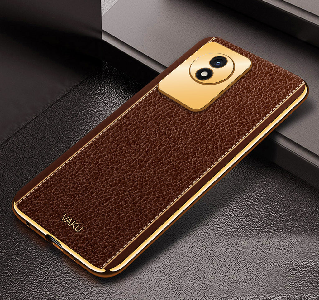 Vaku® Vivo Y02 Luxemberg Series Leather Stitched Gold Electroplated Soft TPU Back Cover