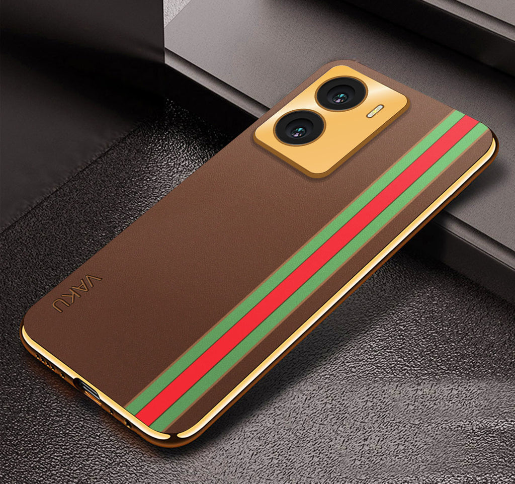 Vaku® Vivo Y56 Felix Line Leather Stitched Gold Electroplated Soft TPU Back Cover Case