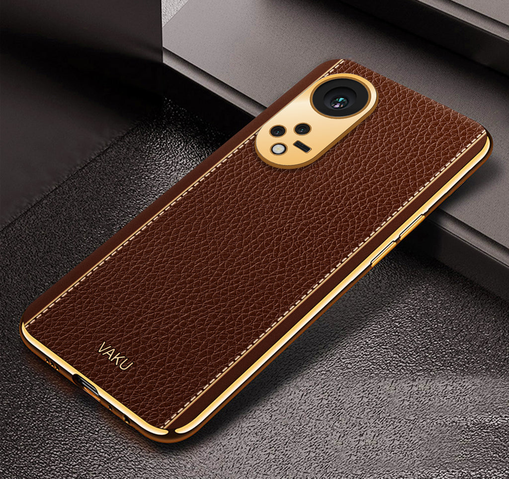 Vaku® Oppo Reno8T 5G Luxemberg Series Leather Stitched Gold Electroplated Soft TPU Back Cover