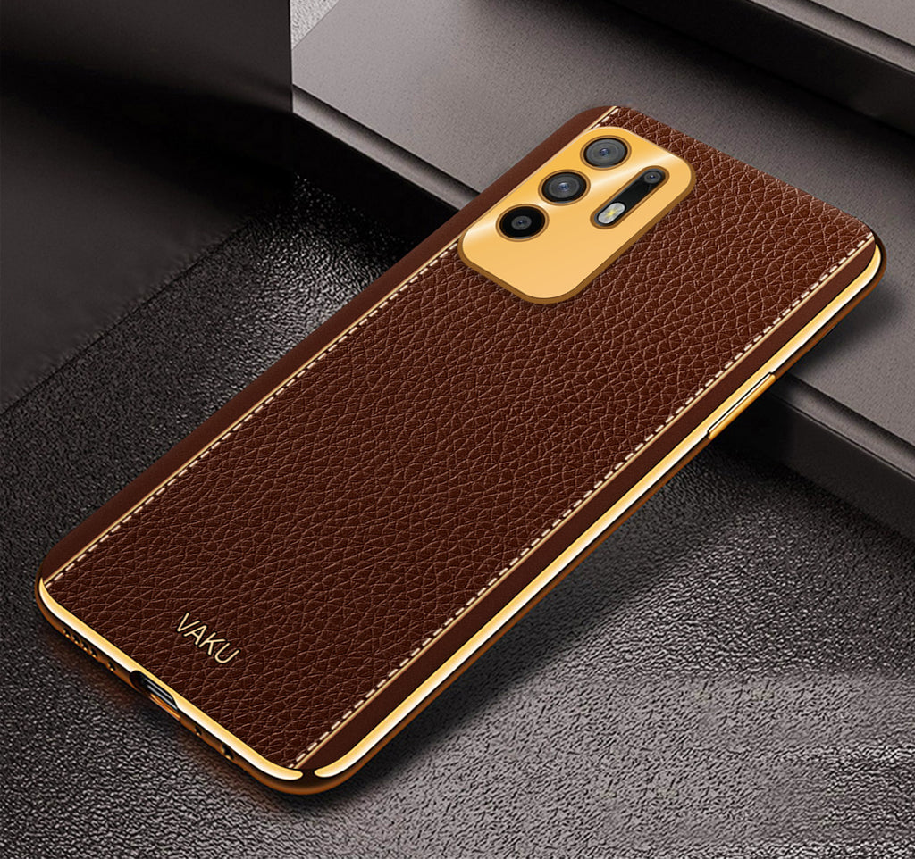 Vaku® Oppo F19 Pro Plus 5G Luxemberg Series Leather Stitched Gold Electroplated Soft TPU Back Cover