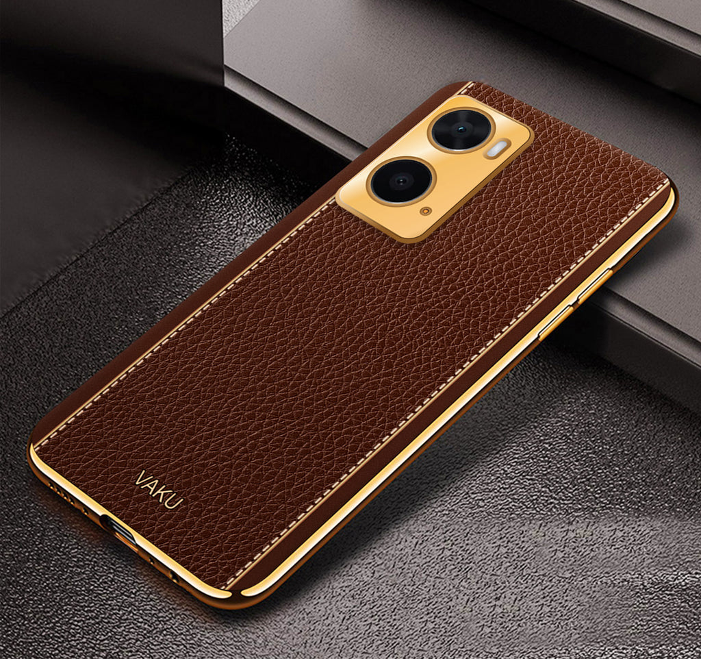 Vaku® Oppo A76 Luxemberg Series Leather Stitched Gold Electroplated Soft TPU Back Cover