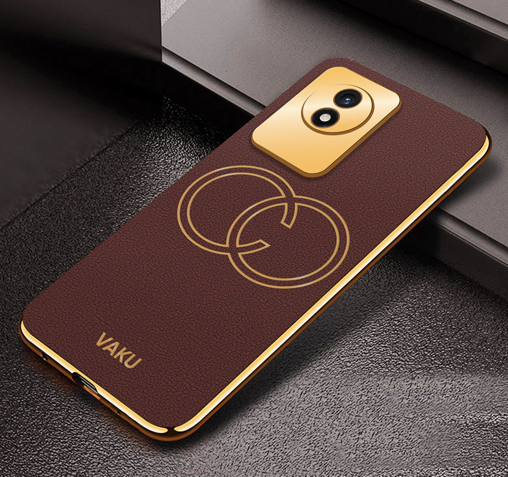 Vaku ® Vivo Y02 Skylar Leather Pattern Gold Electroplated Soft TPU Back Cover