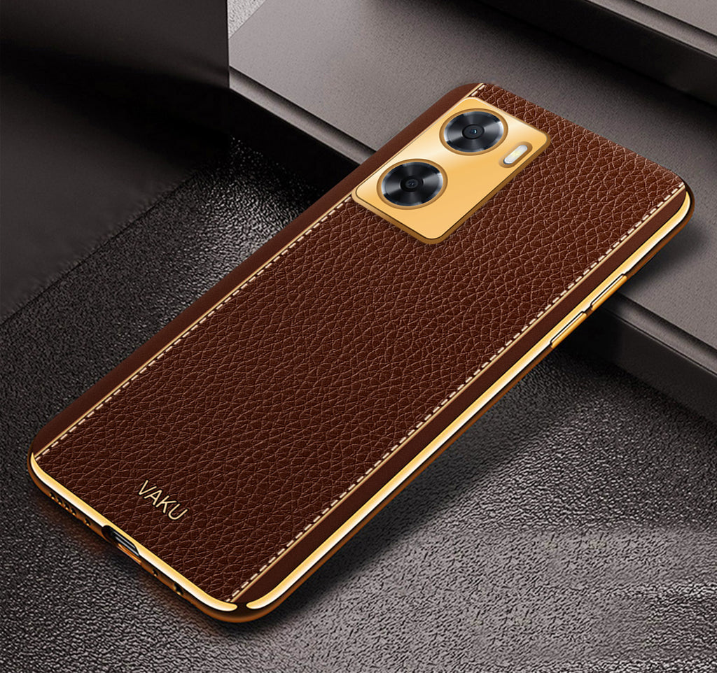 Vaku® Oppo A57 Luxemberg Series Leather Stitched Gold Electroplated Soft TPU Back Cover