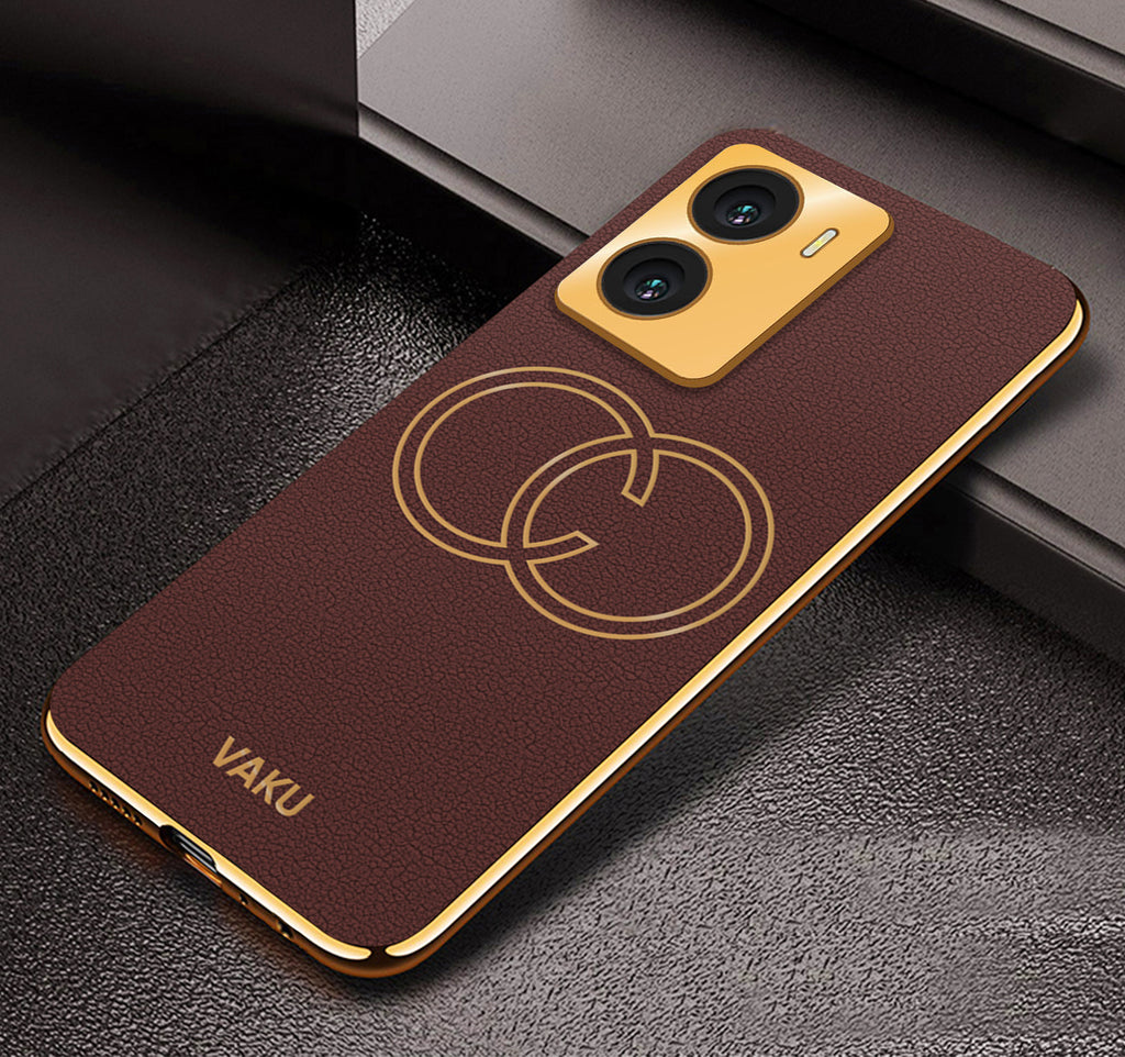 Vaku ® Vivo Y56 Skylar Leather Pattern Gold Electroplated Soft TPU Back Cover