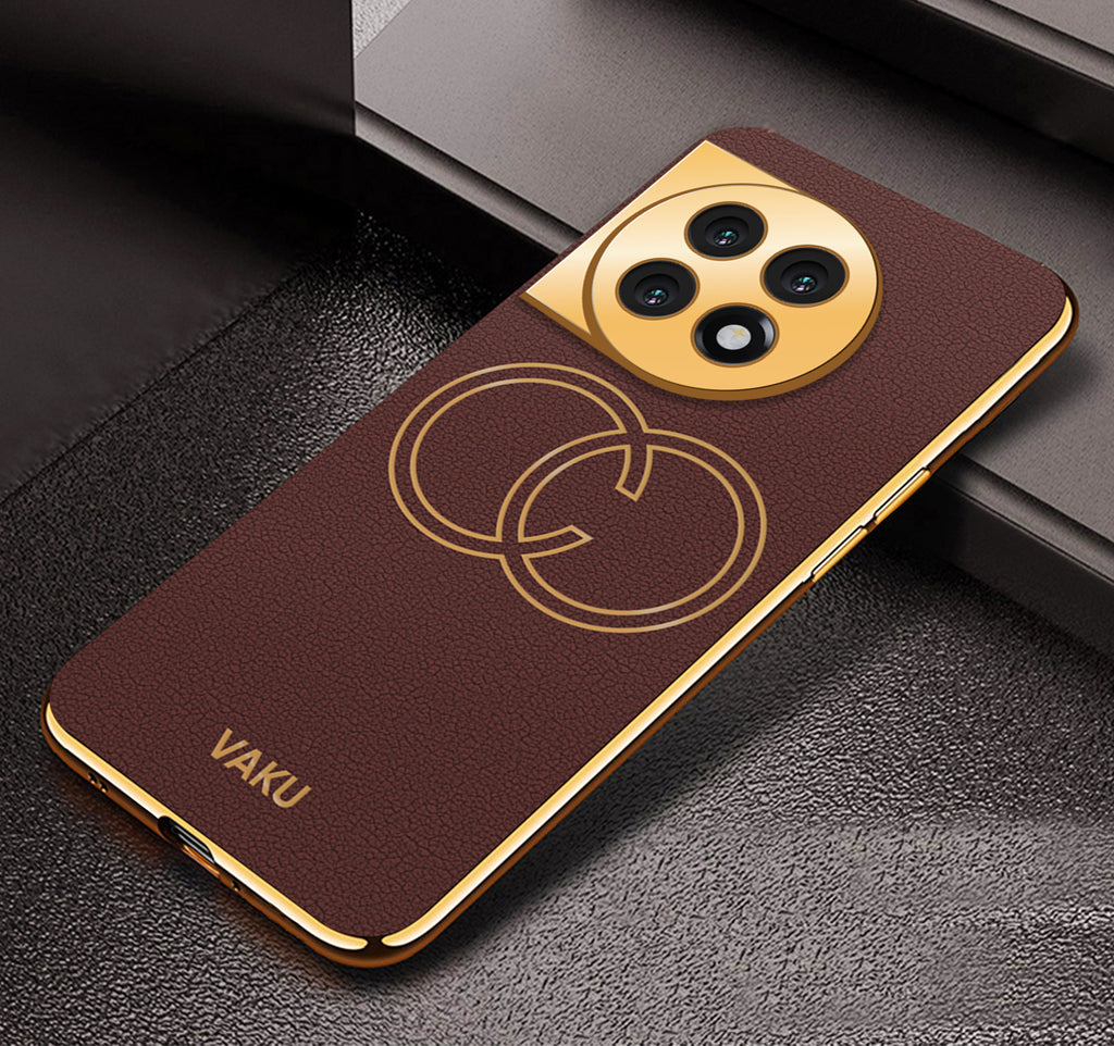 Vaku ® OnePlus 11R Skylar Series Leather Stitched Gold Electroplated Soft TPU Back Cover