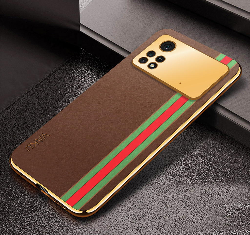 Vaku® Xiaomi Poco M4 Pro 5G Felix Line Leather Stitched Gold Electroplated Soft TPU Back Cover Case