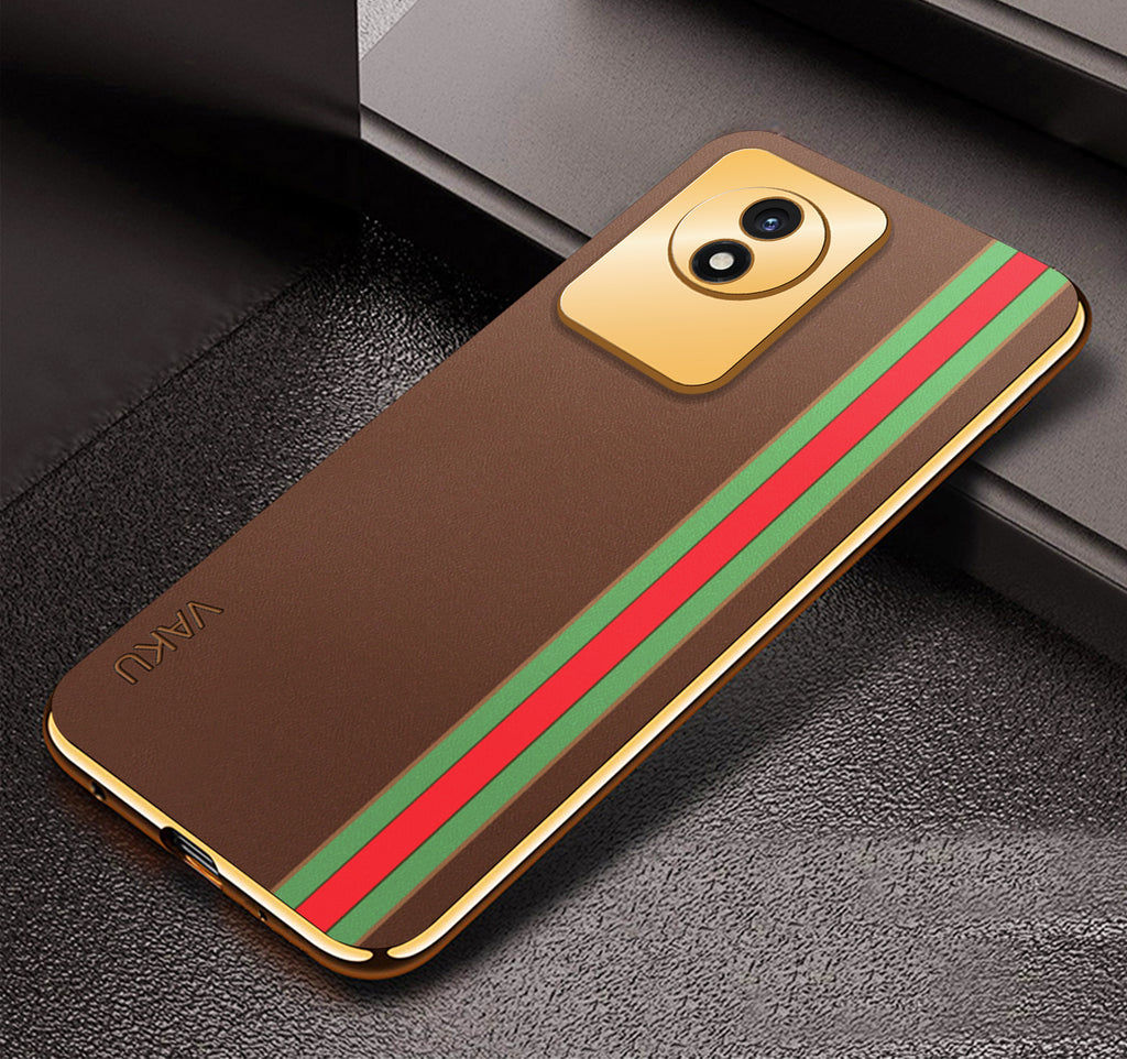 Vaku® Vivo Y02 Felix Line Leather Pattern Gold Electroplated Soft TPU Back Cover Case