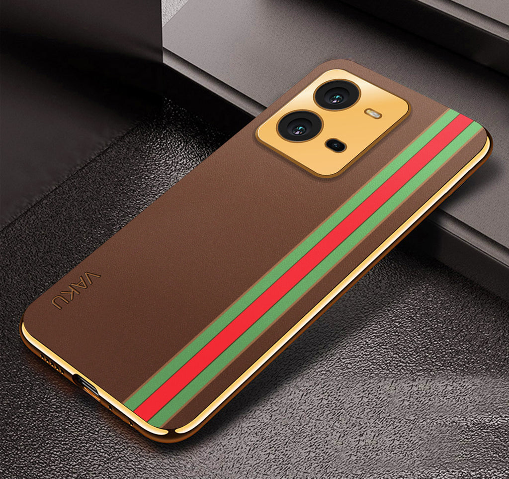 Vaku® Vivo V25 5G Felix Line Leather Stitched Gold Electroplated Soft TPU Back Cover Case
