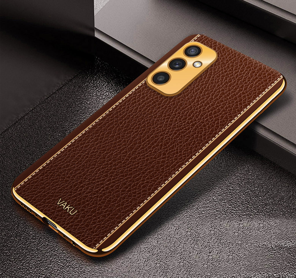 Vaku ® Samsung Galaxy A14 Luxemberg Series Leather Stitched Gold Electroplated Soft TPU Back Cover