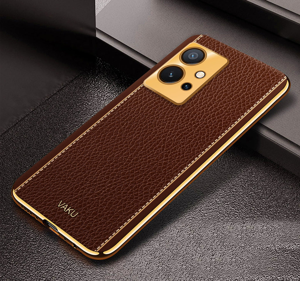 Vaku® Vivo Y75 5G Luxemberg Series Leather Stitched Gold Electroplated Soft TPU Back Cover