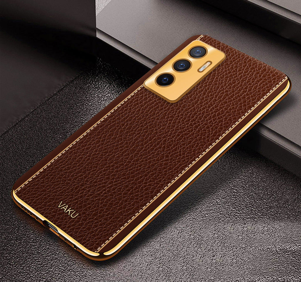 Vaku® Vivo V23e 5G Luxemberg Series Leather Stitched Gold Electroplated Soft TPU Back Cover