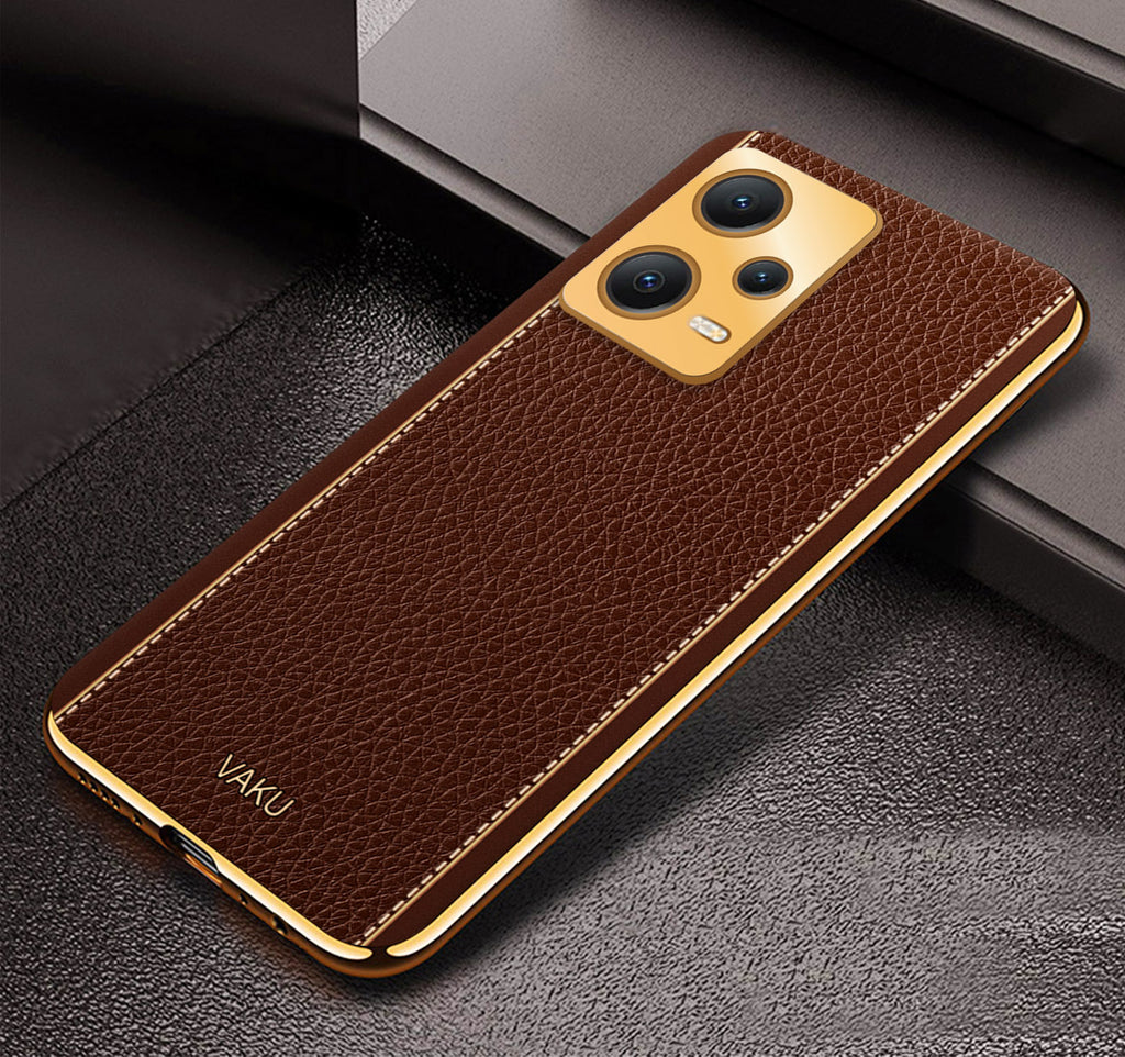 Vaku ® Xiaomi Redmi Note 12 5G Luxemberg Series Leather Stitched Gold Electroplated Soft TPU Back Cover