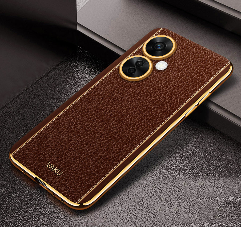 Vaku® OnePlus Nord CE 3 Lite 5G Luxemberg Series Leather Stitched Gold Electroplated Soft TPU Back Cover