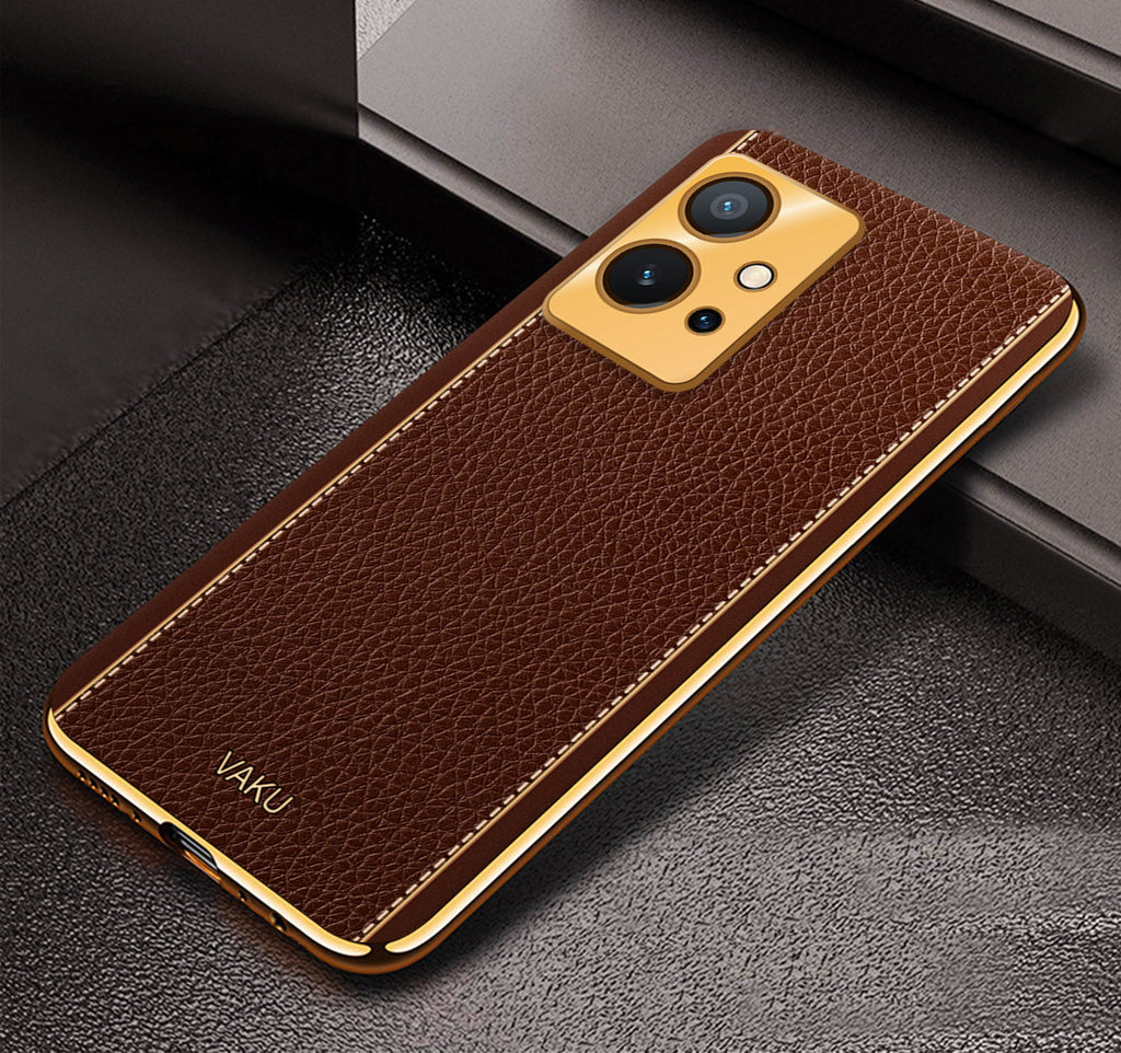Vaku® Vivo Y55s 5G Luxemberg Leather Pattern Gold Electroplated Soft TPU Back Cover