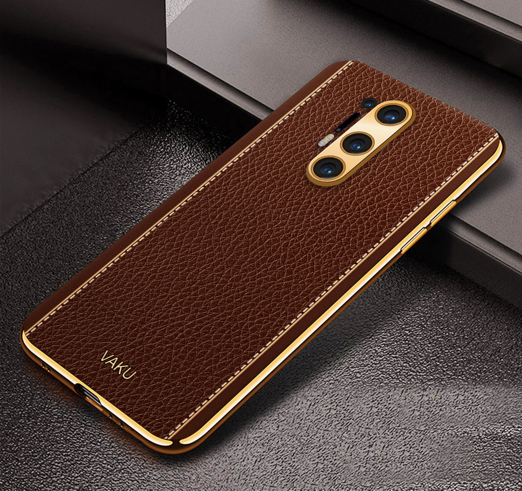 Vaku® OnePlus 8 Pro Luxemberg Series Leather Stitched Gold Electroplated Soft TPU Back Cover