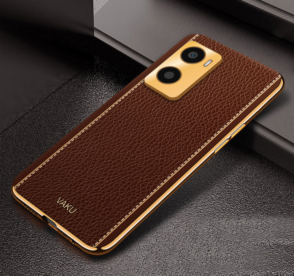 Vaku® Oppo A96 Luxemberg Series Leather Stitched Gold Electroplated Soft TPU Back Cover