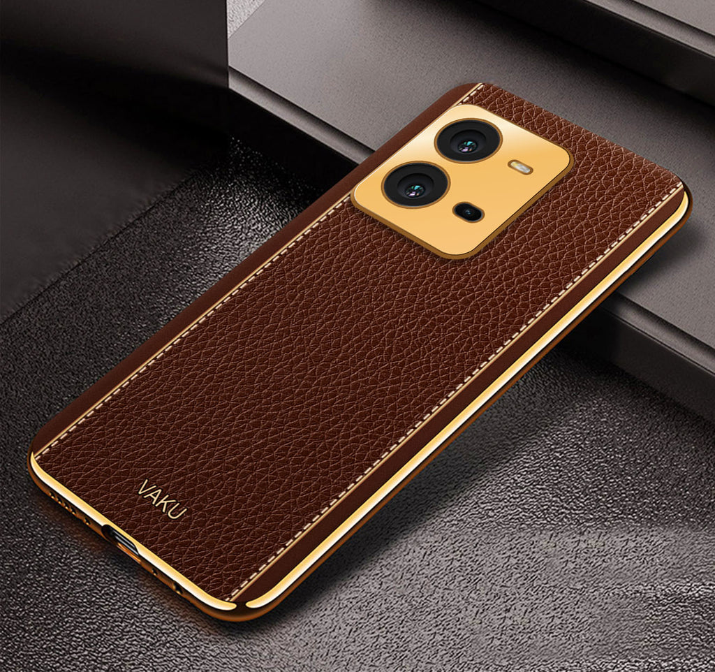 Vaku ® Vivo V25 Luxemberg Series Leather Stitched Gold Electroplated Soft TPU Back Cover