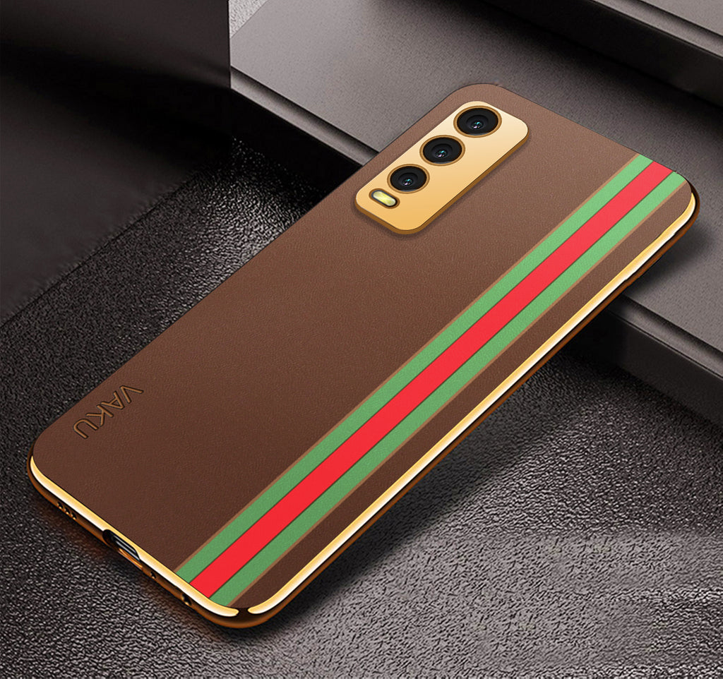 Vaku® Vivo Y20 Felix Line Leather Pattern Gold Electroplated Soft TPU Back Cover Case