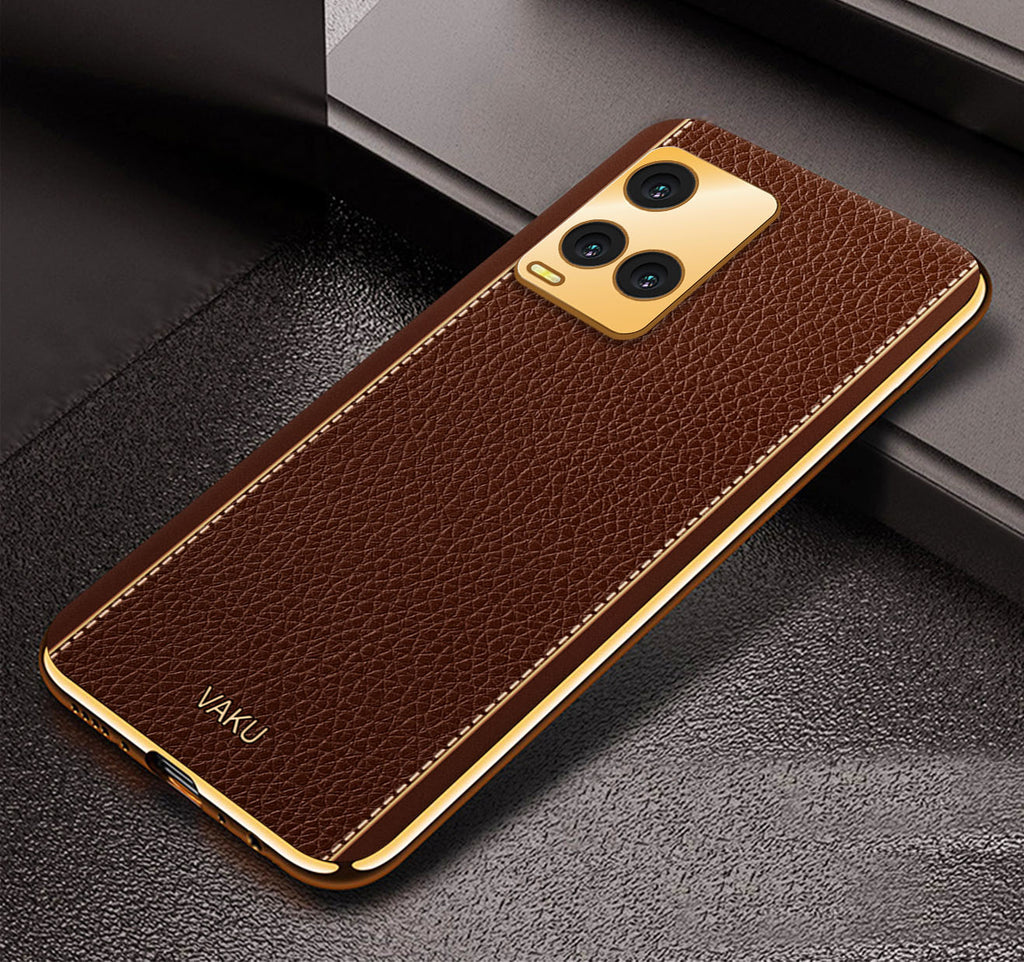 Vaku® Vivo Y21e 4G Luxemberg Series Leather Stitched Gold Electroplated Soft TPU Back Cover