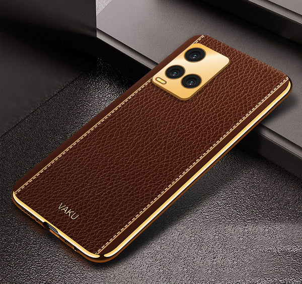 Vaku® Vivo Y21e 4G Luxemberg Series Leather Stitched Gold Electroplated Soft TPU Back Cover