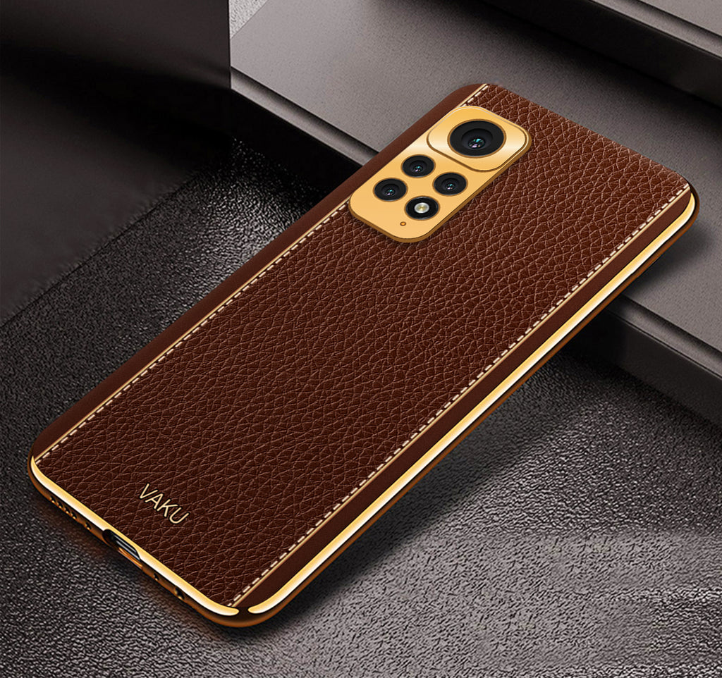 Vaku® Redmi Note 11 Luxemberg Series Leather Stitched Gold Electroplated Soft TPU Back Cover