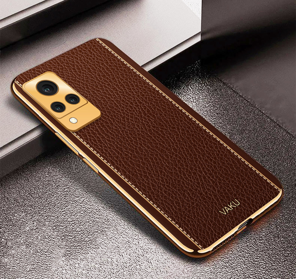 Vaku® Vivo V21 5G Luxemberg Series Leather Stitched Gold Electroplated Soft TPU Back Cover