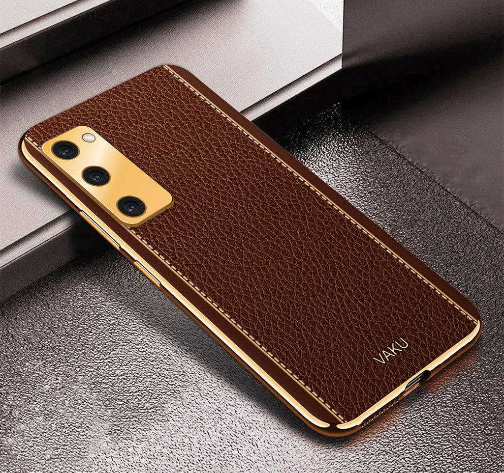 Vaku® Samsung Galaxy S20 FE Luxemberg Series Leather Stitched Gold Electroplated Soft TPU Back Cover