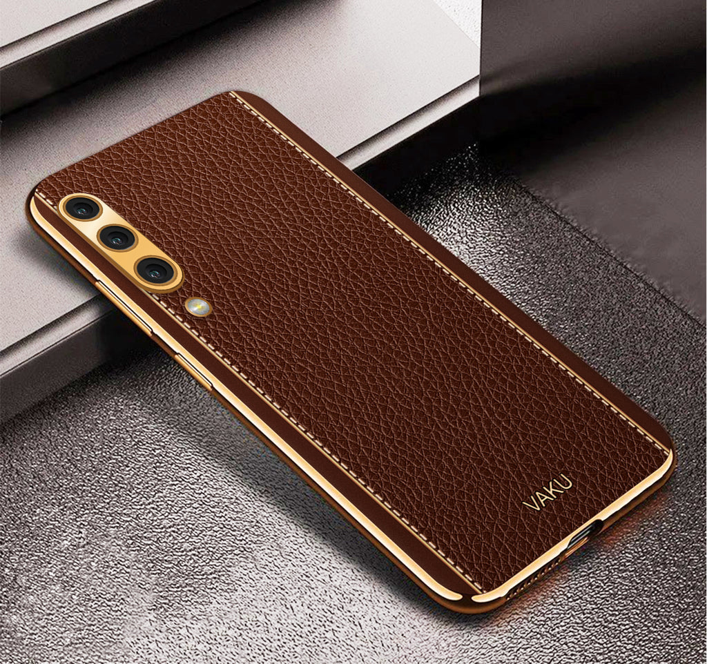Vaku® Samsung Galaxy A50 Luxemberg Series Leather Stitched Gold Electroplated Soft TPU Back Cover
