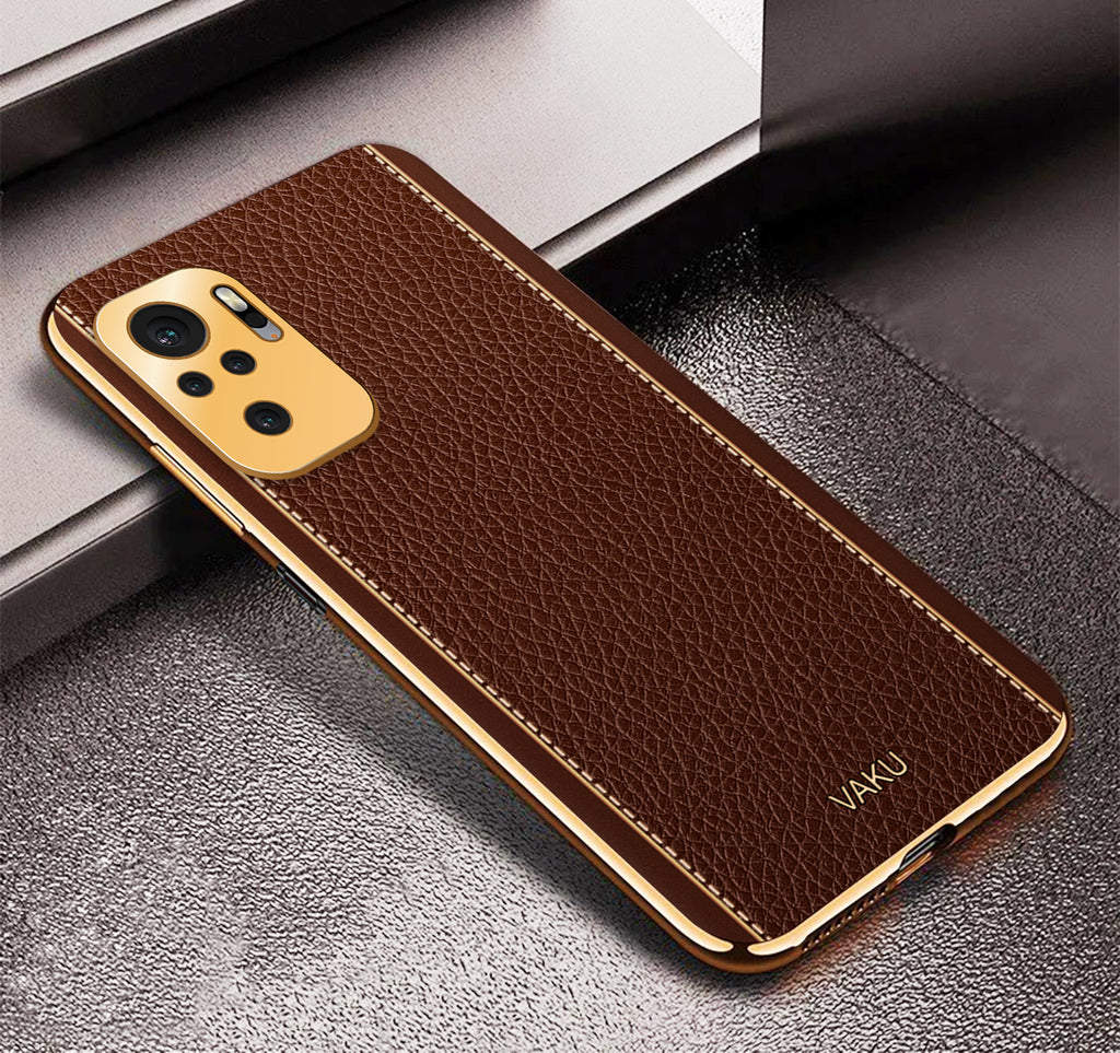 Vaku® Redmi Note 10 Luxemberg Series Leather Stitched Gold Electroplated Soft TPU Back Cover