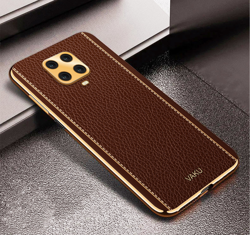 Vaku® Redmi Note 9 Pro Max Luxemberg Series Leather Stitched Gold Electroplated Soft TPU Back Cover