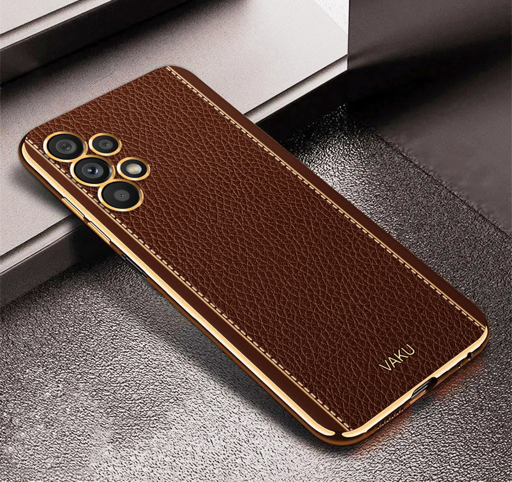 Vaku® Samsung Galaxy A13 Luxemberg Leather Stitched Gold Electroplated Soft TPU Back Cover