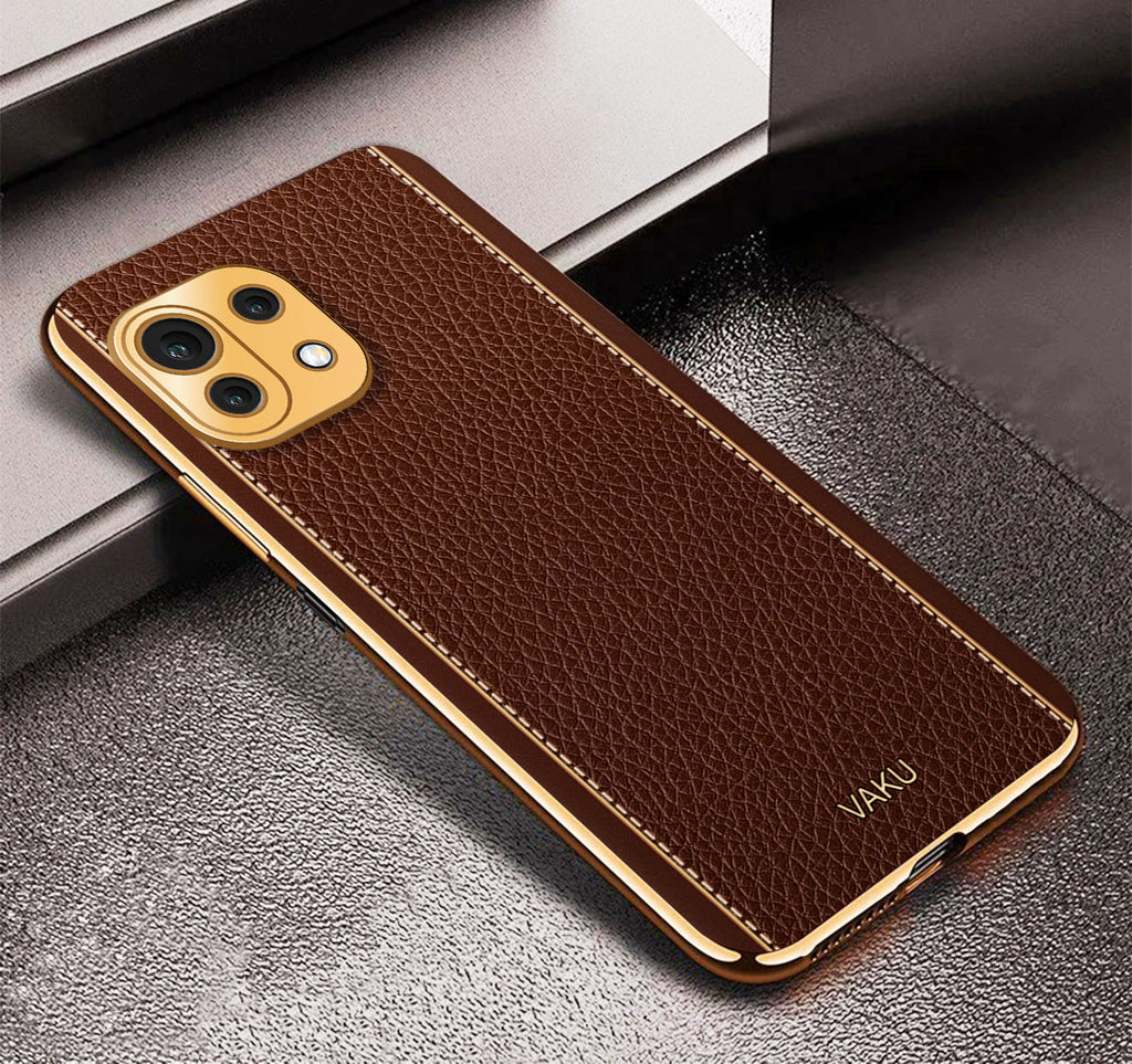 Vaku® Xiaomi Mi 11 Lite Luxemberg Series Leather Stitched Gold Electroplated Soft TPU Back Cover