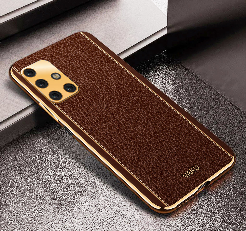 Vaku® Samsung Galaxy M51 Luxemberg Series Leather Stitched Gold Electroplated Soft TPU Back Cover