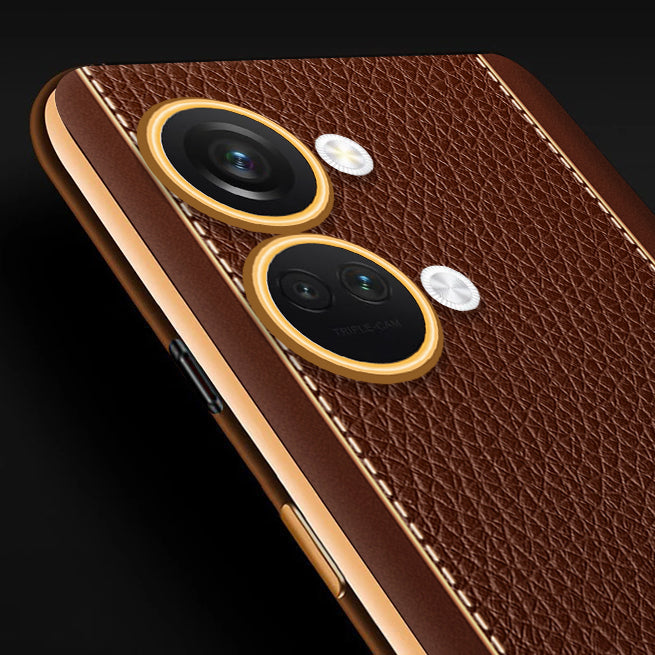 Vaku® OnePlus Nord 3 Luxemberg Series Leather Stitched Gold Electroplated Soft TPU Back Cover