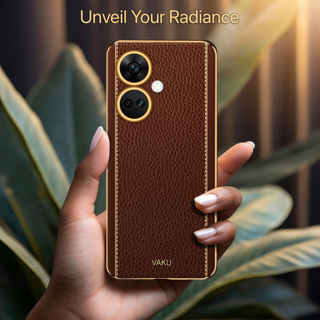 Vaku ® OnePlus Nord CE 3 5G Luxemberg Series Leather Stitched Gold Electroplated Soft TPU Back Cover