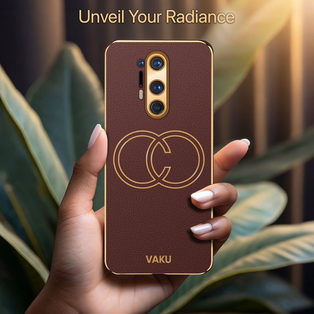 Vaku ® OnePlus 8 Pro Skylar Series Leather Stitched Gold Electroplated Soft TPU Back Cover