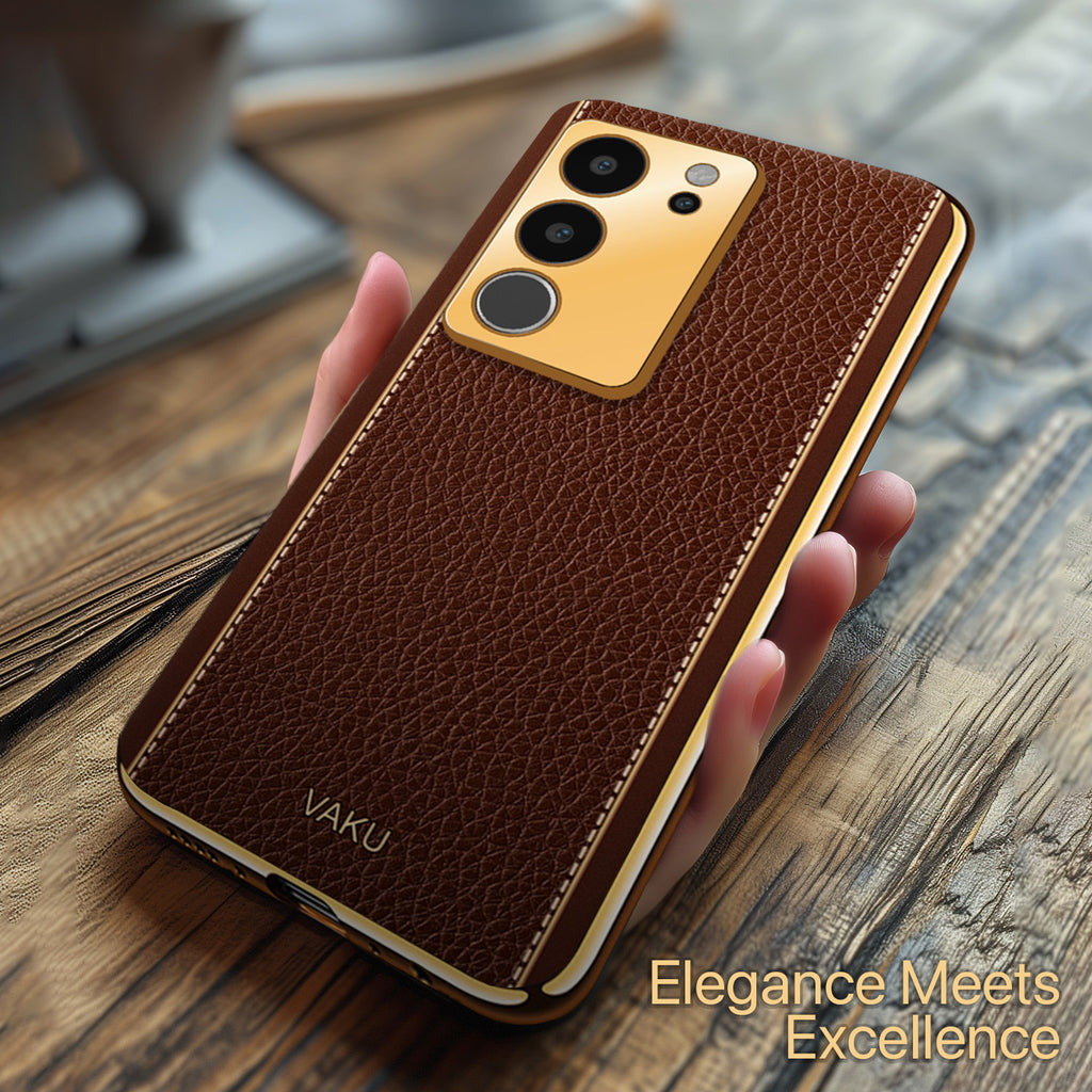 Vaku ® Vivo V29 5G Luxemberg Leather Pattern Gold Electroplated Soft TPU Back Cover