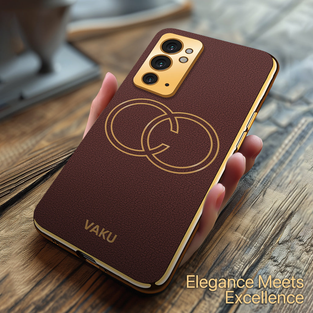 Vaku ® OnePlus 9RT Skylar Series Leather Stitched Gold Electroplated Soft TPU Back Cover