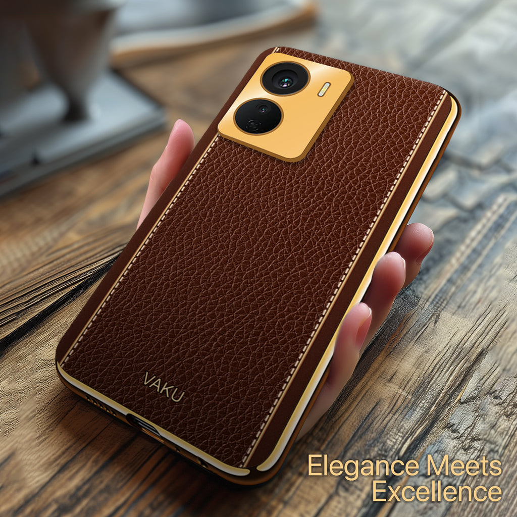 Vaku ® Vivo Y56 Luxemberg Series Leather Stitched Gold Electroplated Soft TPU Back Cover